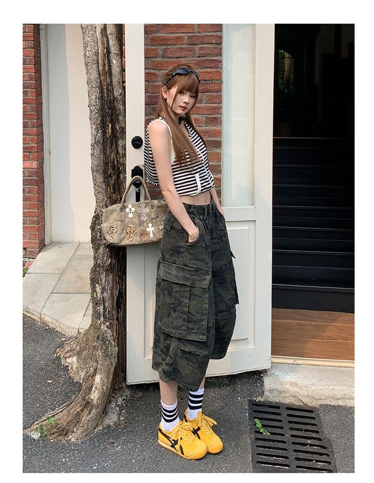 실사 아메리칸 카모플라주 데님 7부 바지 여성 여름 루즈핏 워크웨어 팬츠 디자인 센스 다용도 바지 상세 이미지 12