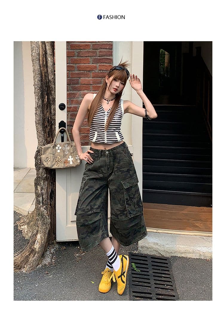 실사 아메리칸 카모플라주 데님 7부 바지 여성 여름 루즈핏 워크웨어 팬츠 디자인 센스 다용도 바지 상세 이미지 13