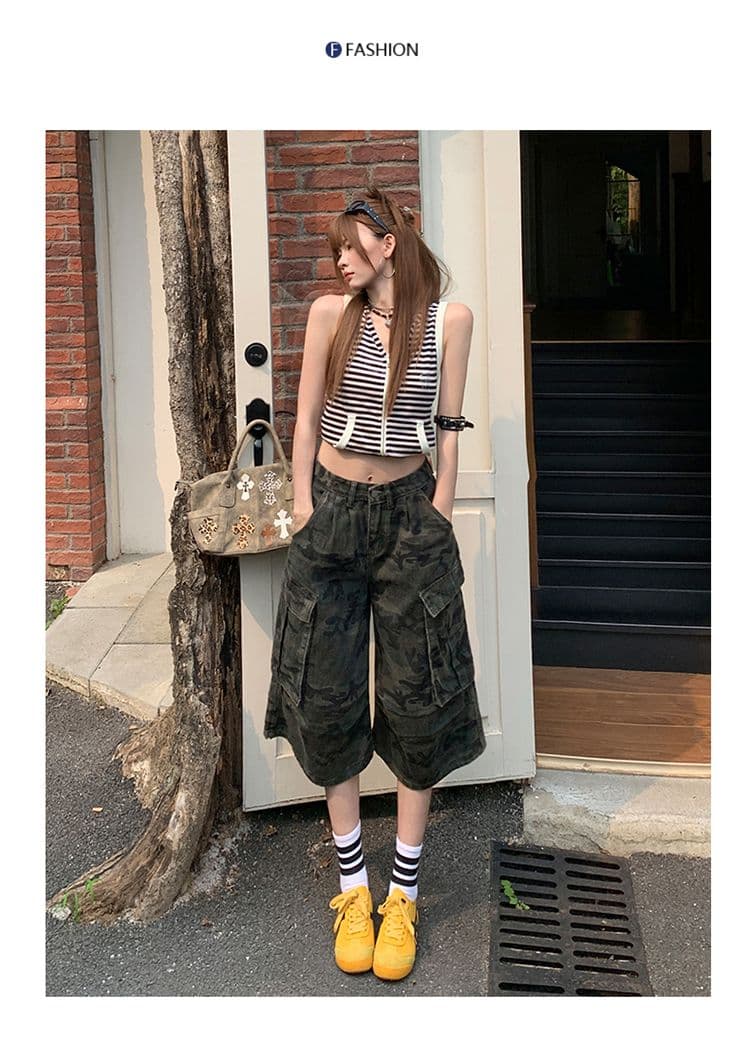 실사 아메리칸 카모플라주 데님 7부 바지 여성 여름 루즈핏 워크웨어 팬츠 디자인 센스 다용도 바지 상세 이미지 14