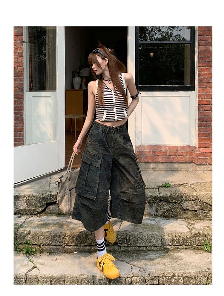 실사 아메리칸 카모플라주 데님 7부 바지 여성 여름 루즈핏 워크웨어 팬츠 디자인 센스 다용도 바지 상세 이미지 15