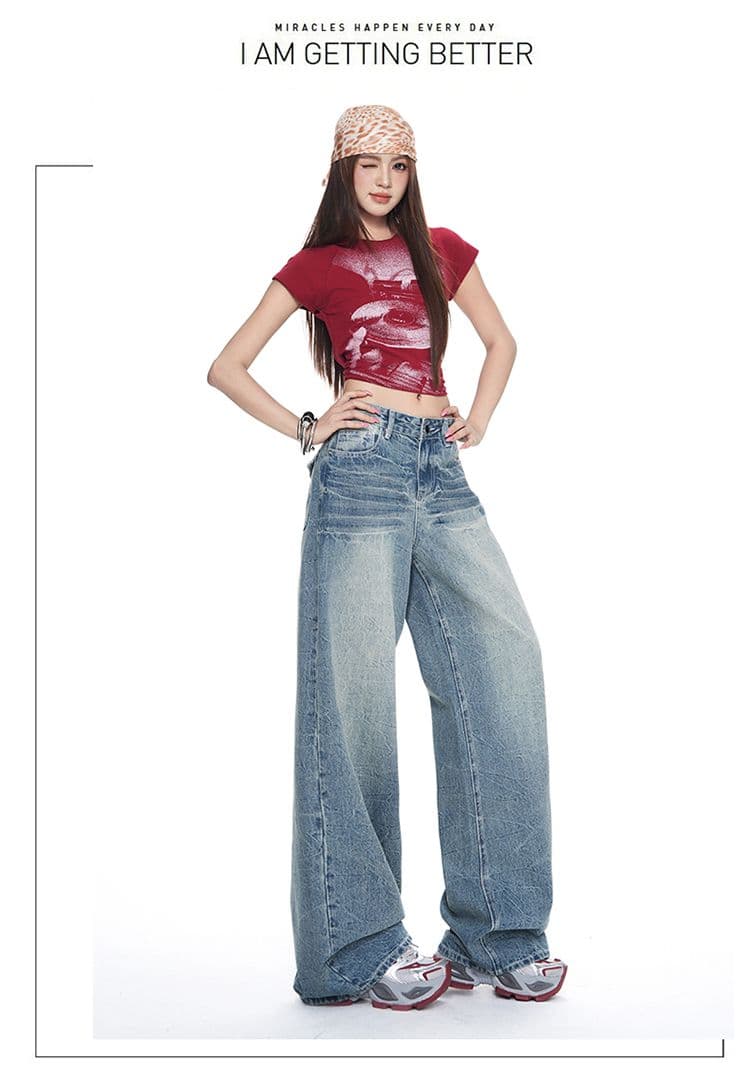 실사 가을 의상 새로운 핫걸 바람 와이드 레그 팬츠 패션 트렌드 스트레이트 팬츠 여성 의류 청바지 여성 상세 이미지 19