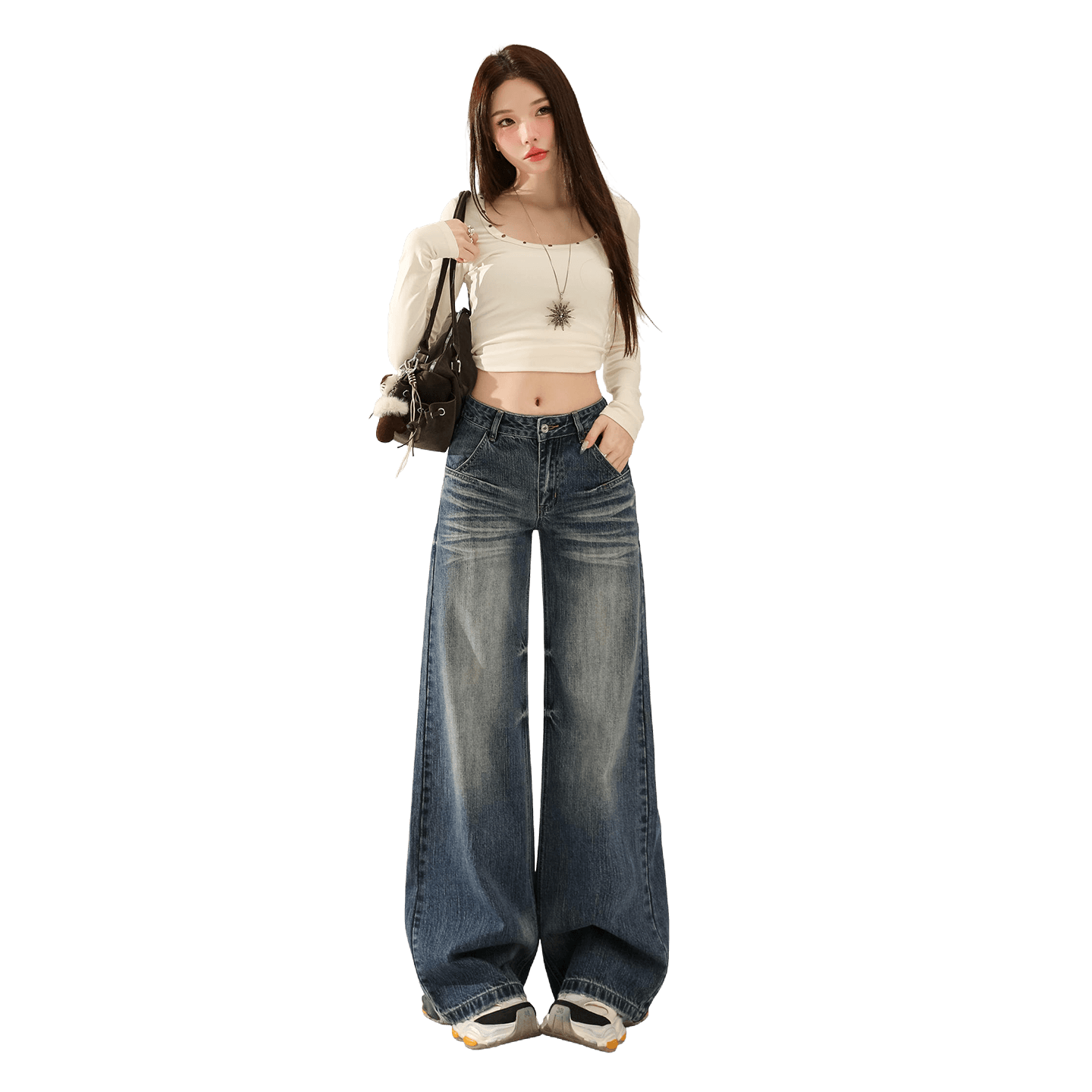 실사 레트로 워싱 대나무 마디 곡물 넓은 다리 청바지 가을 새로운 핫걸 루즈핏 아니요 막대기 다리 도루 센스 긴 바지