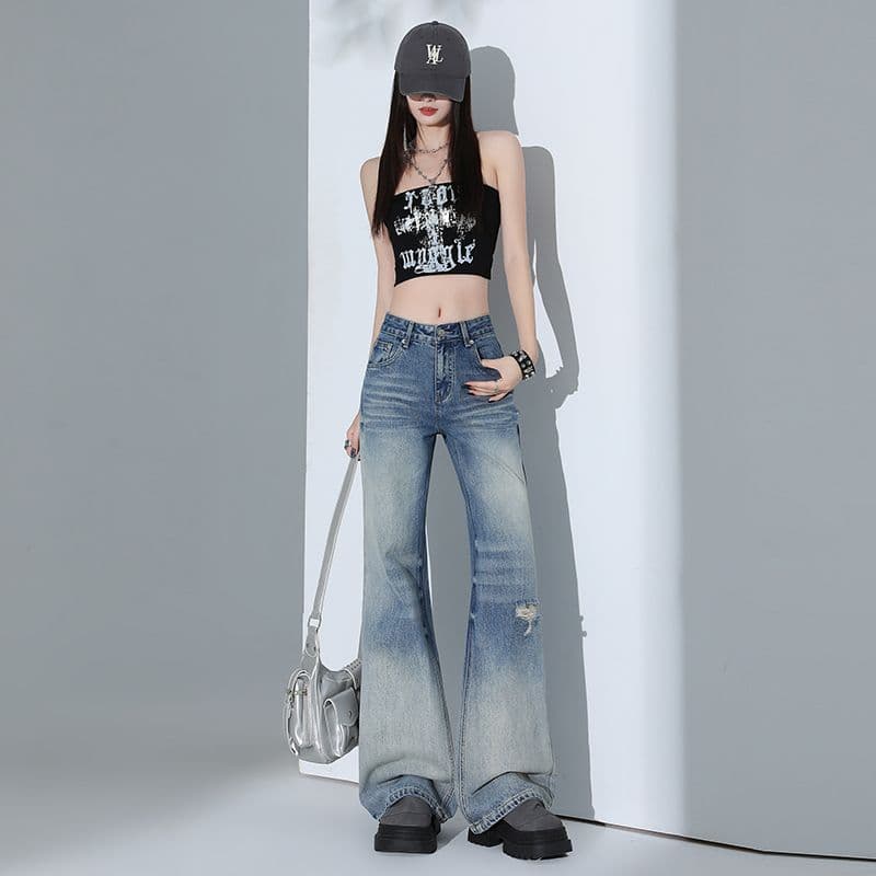 실사 하늘색 찢어진 부분 나팔 청바지 2026 가을 새로운 작은 키 루즈핏 로우 웨이스트 부츠컷 와이드 레그 팬츠 이미지 5
