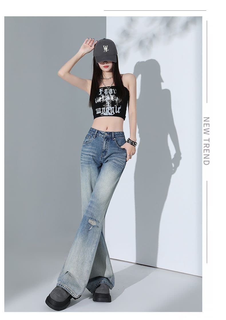 실사 하늘색 찢어진 부분 나팔 청바지 2026 가을 새로운 작은 키 루즈핏 로우 웨이스트 부츠컷 와이드 레그 팬츠 상세 이미지 8