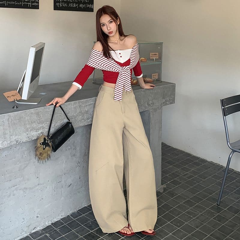 실사 가을 새로운 모통이 칼 바지 여성 데님 바지 아메리칸 높음 거리 하이웨이스트 루즈핏 넓은 다리 다용도 바닥 청소 바지
