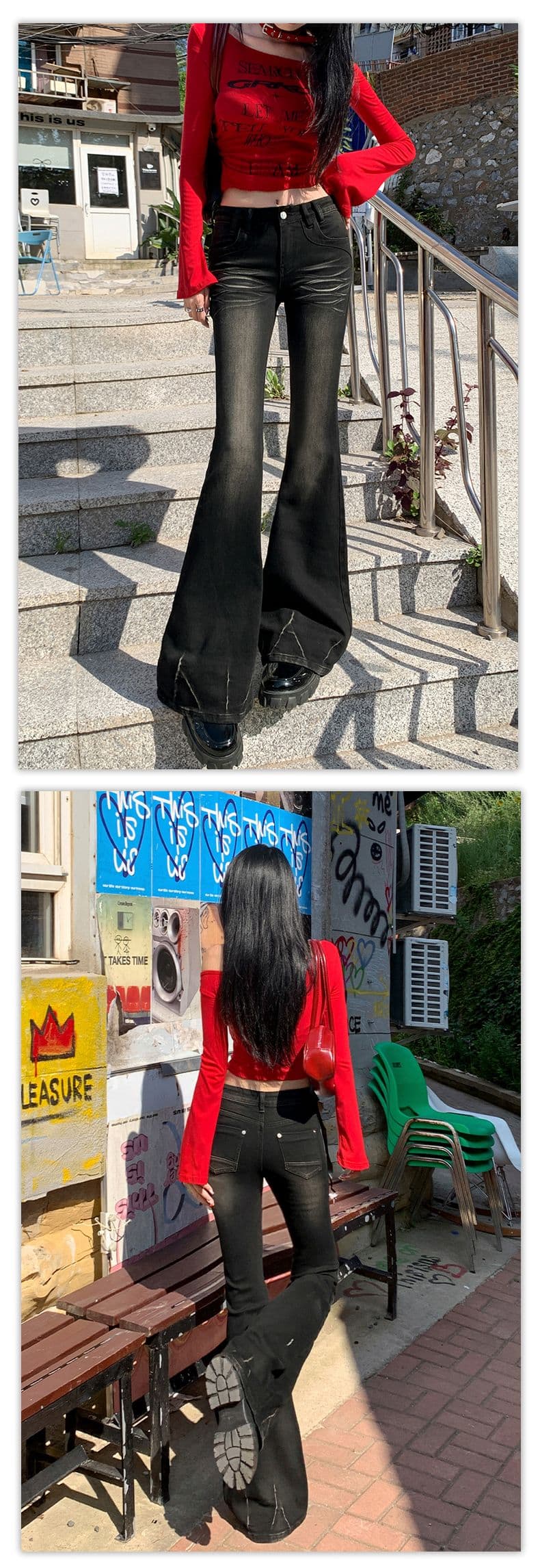 실사 가을 레트로 높음 거리 마 오래된 고양이 반드시 슬림해 보이는 신축성 부츠컷 바닥 청소 청바지 상세 이미지 16