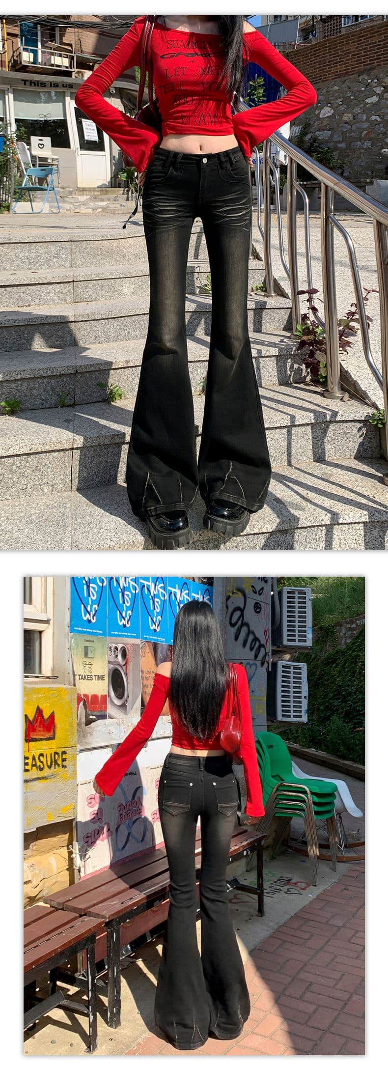 실사 가을 레트로 높음 거리 마 오래된 고양이 반드시 슬림해 보이는 신축성 부츠컷 바닥 청소 청바지 상세 이미지 17