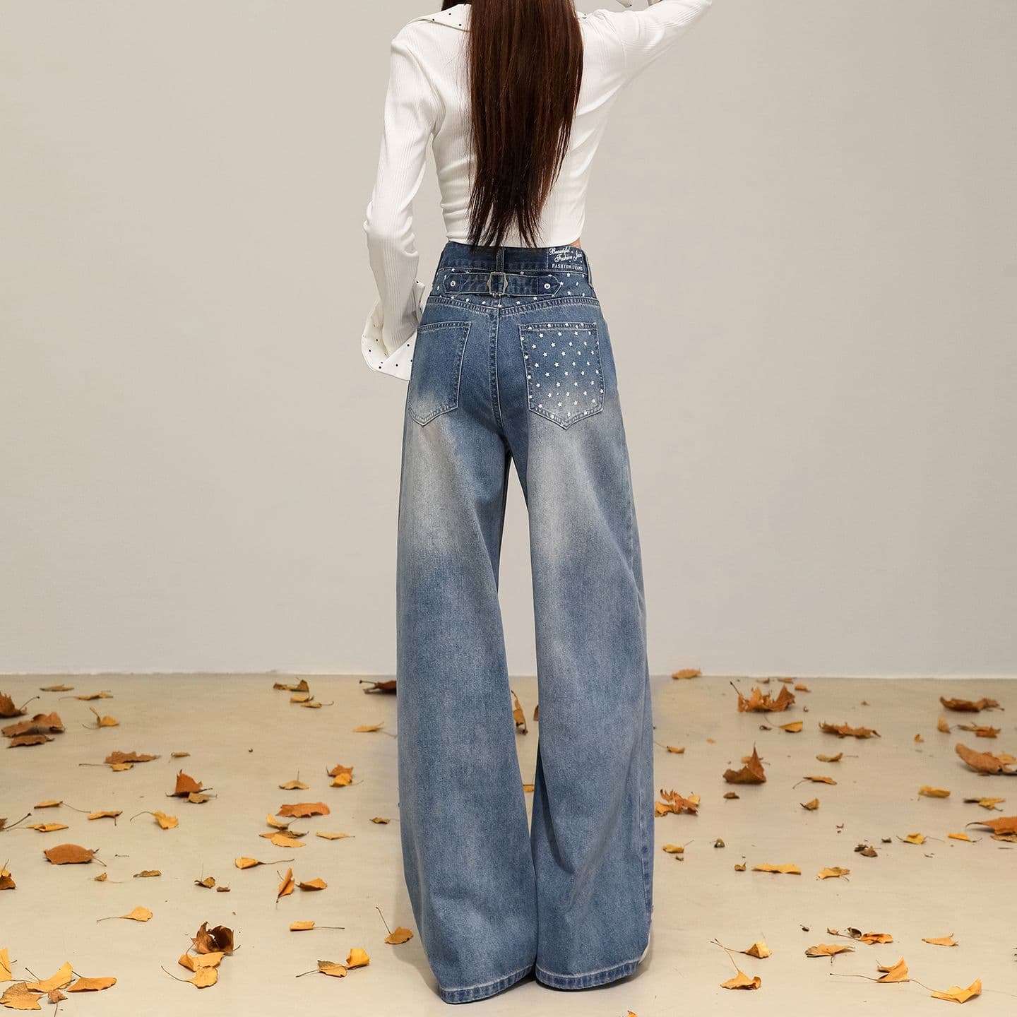 실사 새로운 디자인 센스 프린트 청바지 수 있습니다. 조정 허리 루즈핏 도루 센스 넓은 다리 다용도 스트레이트 바닥 청소 바지 이미지 2