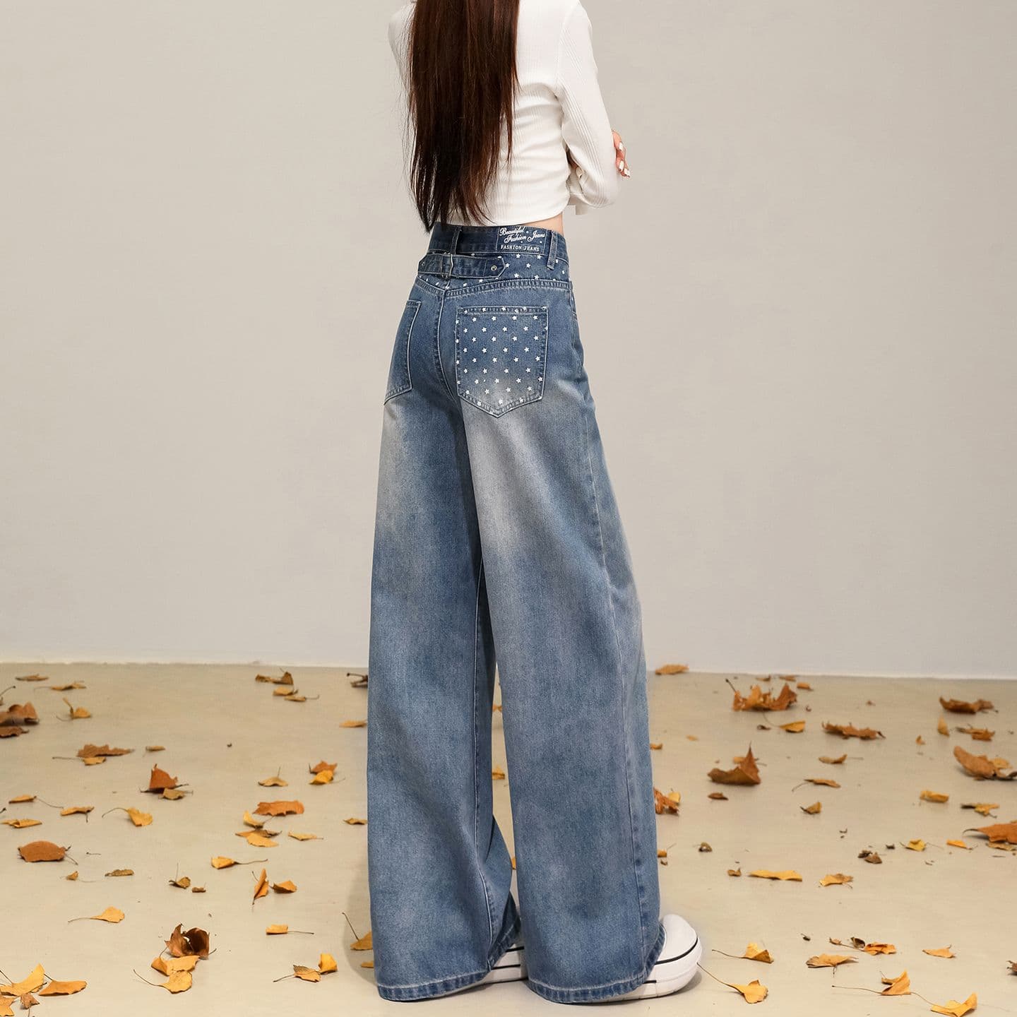 실사 새로운 디자인 센스 프린트 청바지 수 있습니다. 조정 허리 루즈핏 도루 센스 넓은 다리 다용도 스트레이트 바닥 청소 바지 이미지 3
