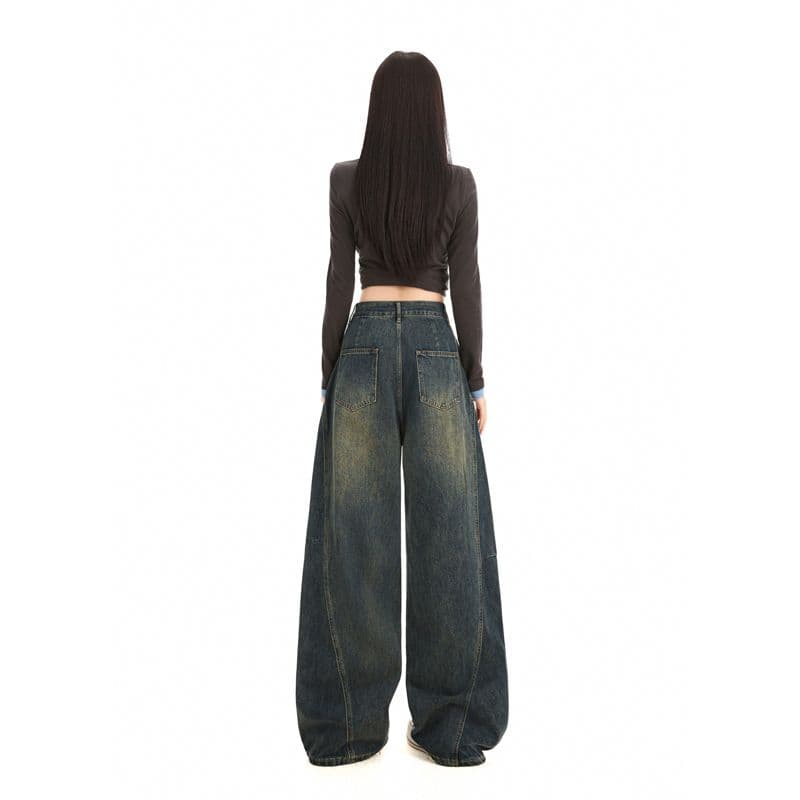 실사 아메리칸 레트로 패치워크 해체 청바지 새로운 고양이 반드시 워싱 루즈핏 넓은 다리 모통이 칼 바지 이미지 2