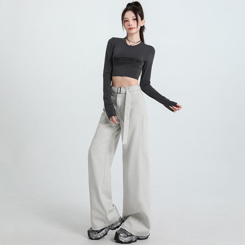 실사 가을 새로운 라이 경기 서울 주간 실크 코튼 아메리칸 레트로 넓은 다리 청바지 여성 루즈핏 바닥 청소 바지 여성 이미지 2