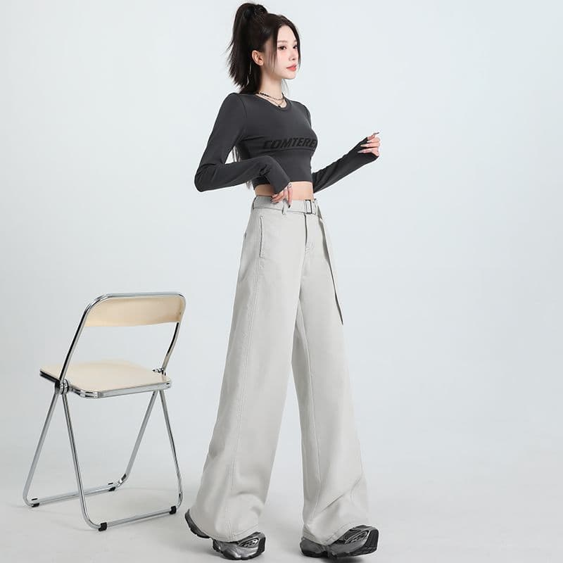 실사 가을 새로운 라이 경기 서울 주간 실크 코튼 아메리칸 레트로 넓은 다리 청바지 여성 루즈핏 바닥 청소 바지 여성 이미지 5
