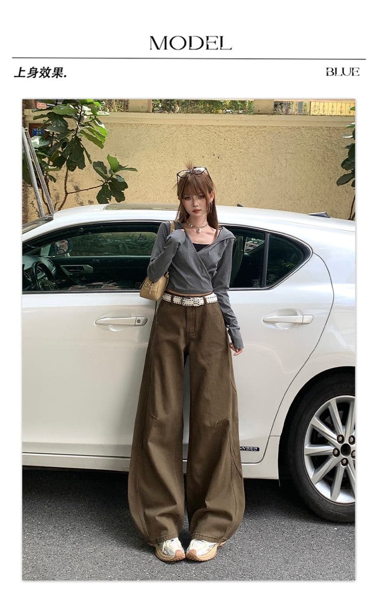실사 아메리칸 브라운 커피 색상 넓은 다리 청바지 여성 2026 가을 새로운 하이웨이스트 느긋한 느슨함 센스 스트레이트 팬츠 상세 이미지 6