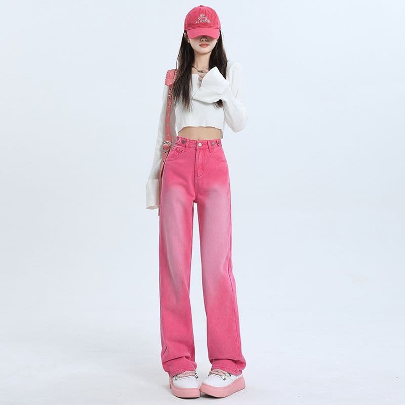 실사 아메리칸 레트로 다용도 로즈 레드 벨트 조정 넓은 다리 바닥 청소 바지 긴 바지 길이 연장 xs-xl 이미지 5