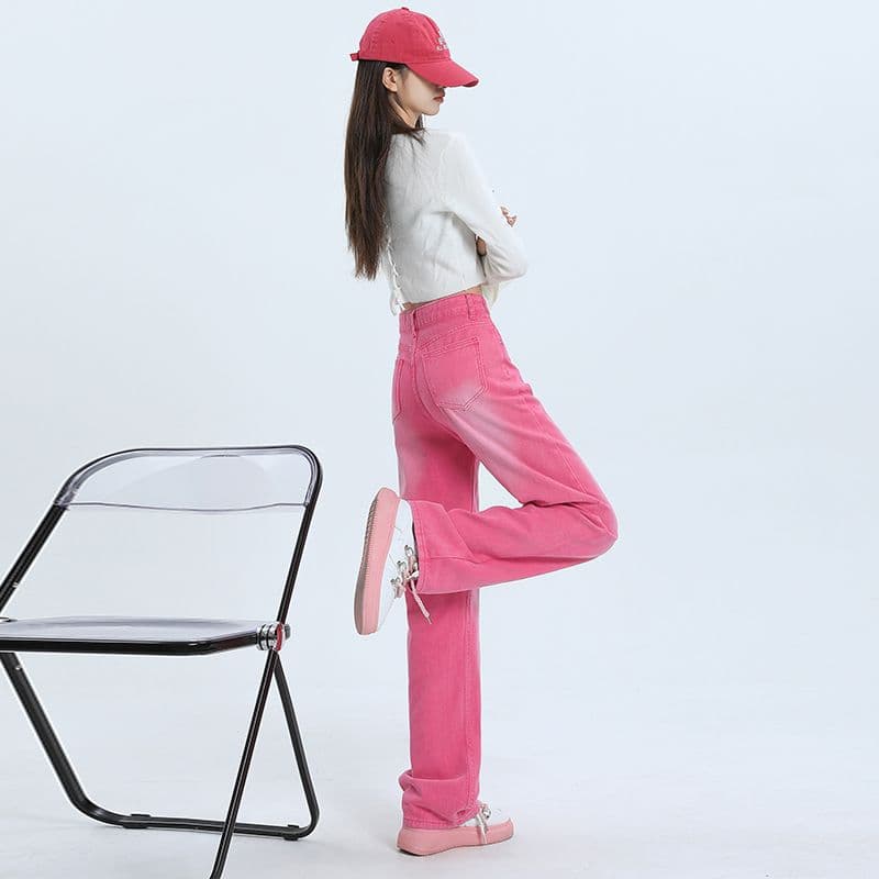 실사 아메리칸 레트로 다용도 로즈 레드 벨트 조정 넓은 다리 바닥 청소 바지 긴 바지 길이 연장 xs-xl 이미지 3