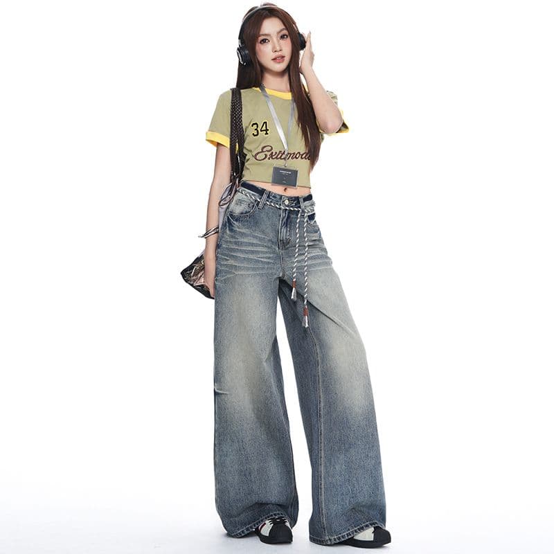 실사 가을 의상 새로운 핫걸 바람 와이드 레그 팬츠 패션 트렌드 스트레이트 팬츠 여성 의류 청바지 여성 이미지 4