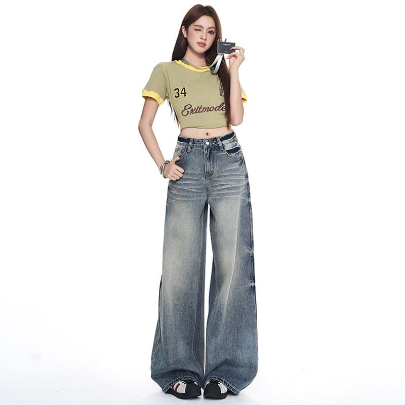 실사 가을 의상 새로운 핫걸 바람 와이드 레그 팬츠 패션 트렌드 스트레이트 팬츠 여성 의류 청바지 여성