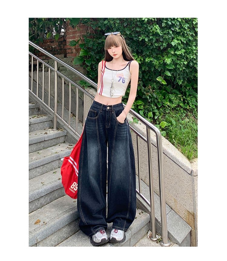 실사 아메리칸 레트로 자수 모통이 칼 넓은 다리 청바지 여성 새로운 하이웨이스트 스트레이트 루즈핏 바닥 청소 바지 상세 이미지 11