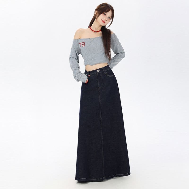 실사 진한 파란색 떨어지지 않음 색상 부드러운 데님 스커트 레트로 다용도 치마 아이들 하이웨이스트 한 마디 도루 센스 반신 롱 스커트 새로운 이미지 5