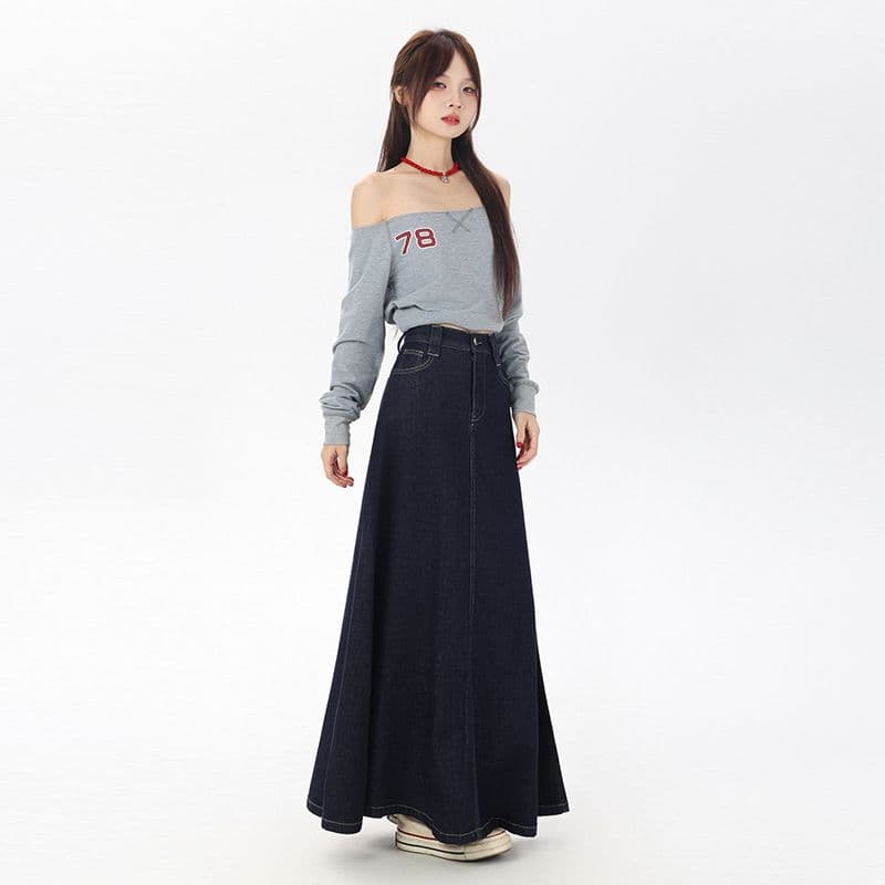 실사 진한 파란색 떨어지지 않음 색상 부드러운 데님 스커트 레트로 다용도 치마 아이들 하이웨이스트 한 마디 도루 센스 반신 롱 스커트 새로운 이미지 2