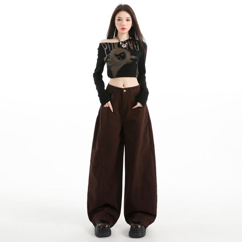 실사 가을 겨울 새로운 핫걸 패션 레트로 스타일 트렌드 루즈핏 모통이 칼 바지 와이드 레그 팬츠 캐주얼 여성 바지