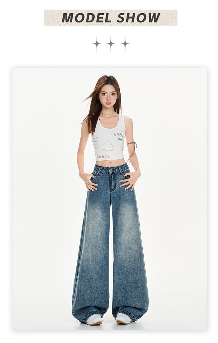 실사 레트로 워싱 진한 파란색 로우 웨이스트 넓은 다리 루즈핏 청바지 스트레이트 바닥 청소 바지 긴 바지 길이 연장 상세 이미지 6