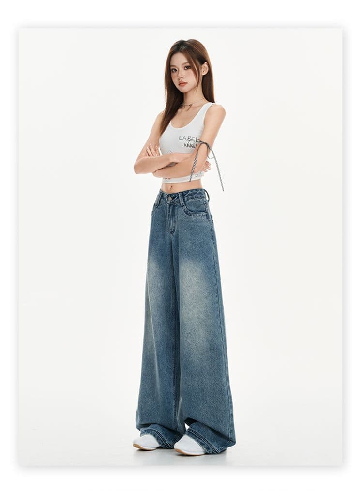 실사 레트로 워싱 진한 파란색 로우 웨이스트 넓은 다리 루즈핏 청바지 스트레이트 바닥 청소 바지 긴 바지 길이 연장 상세 이미지 12