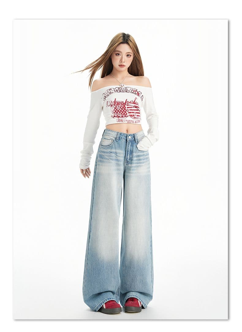 실사 아메리칸 레트로 넓은 다리 청바지 여성 202 년 가을 루즈핏 슬림해 보이는 마이크로 나팔 스트레이트 바닥 청소 바지 상세 이미지 9