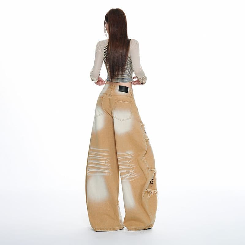 실사 구제 레트로 워싱 연삭 화이트 프린트 공예 모통이 칼 술 패치워크 불모지 바람 와이드 레깅스 바지 이미지 2