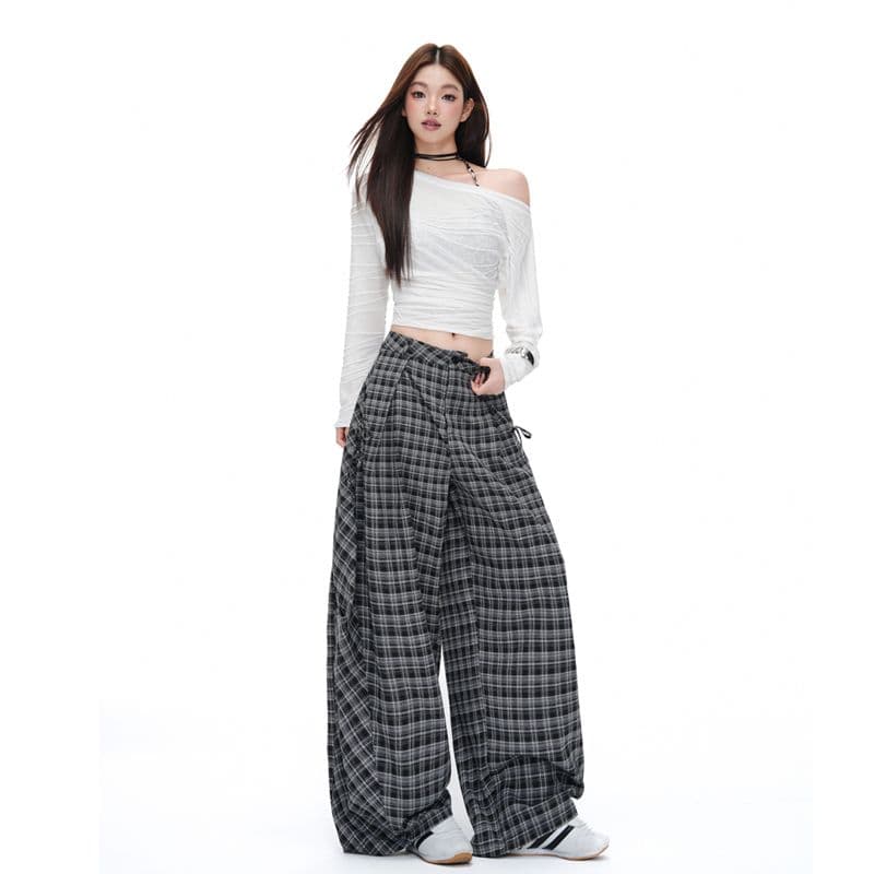 실사 아메리칸 레트로 클래식 체크무늬 긴 바지 여성 이른 가을 느긋한 루즈핏 캐주얼 넓은 다리 바닥 청소 바지