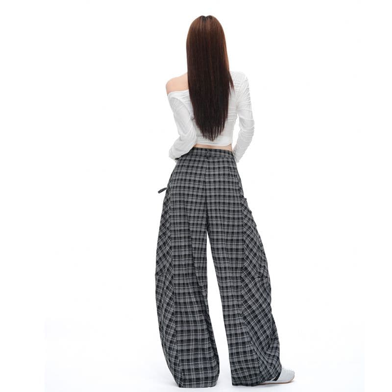 실사 아메리칸 레트로 클래식 체크무늬 긴 바지 여성 이른 가을 느긋한 루즈핏 캐주얼 넓은 다리 바닥 청소 바지 이미지 5