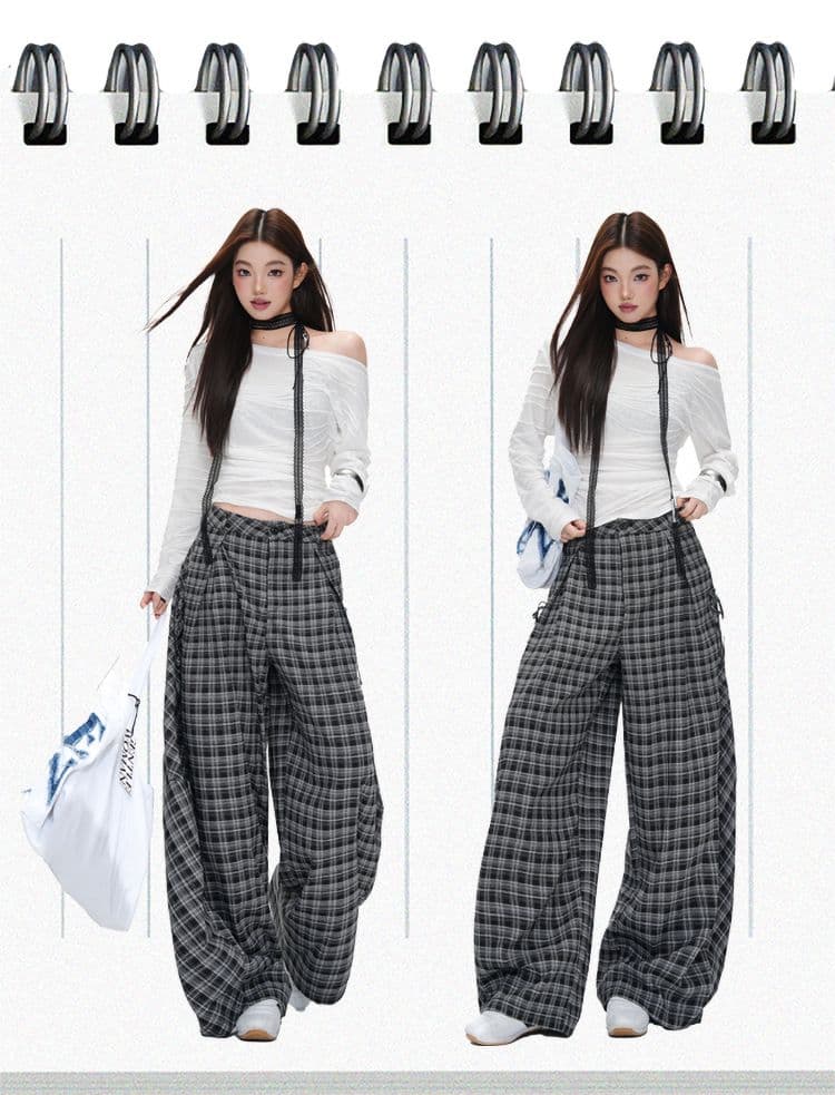 실사 아메리칸 레트로 클래식 체크무늬 긴 바지 여성 이른 가을 느긋한 루즈핏 캐주얼 넓은 다리 바닥 청소 바지 상세 이미지 2