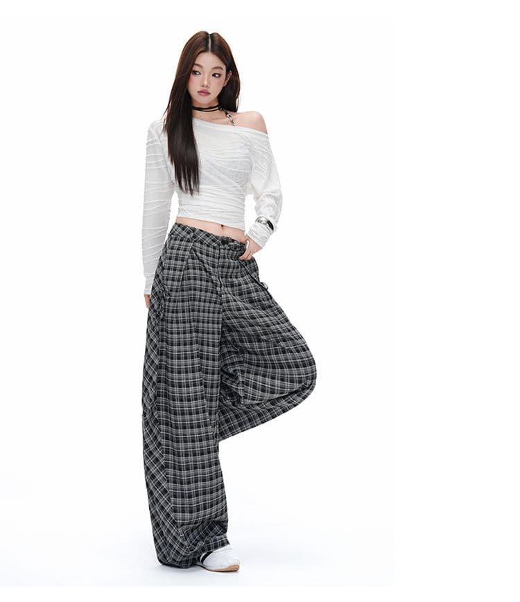 실사 아메리칸 레트로 클래식 체크무늬 긴 바지 여성 이른 가을 느긋한 루즈핏 캐주얼 넓은 다리 바닥 청소 바지 상세 이미지 6