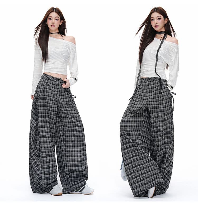 실사 아메리칸 레트로 클래식 체크무늬 긴 바지 여성 이른 가을 느긋한 루즈핏 캐주얼 넓은 다리 바닥 청소 바지 상세 이미지 8