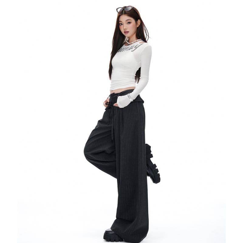 실사 꽃 회색 아메리칸 레트로 스트라이프 캐주얼 바지 여성 이른 가을 하이웨이스트 도루 센스 스트레이트 슬랙스 여성 이미지 5