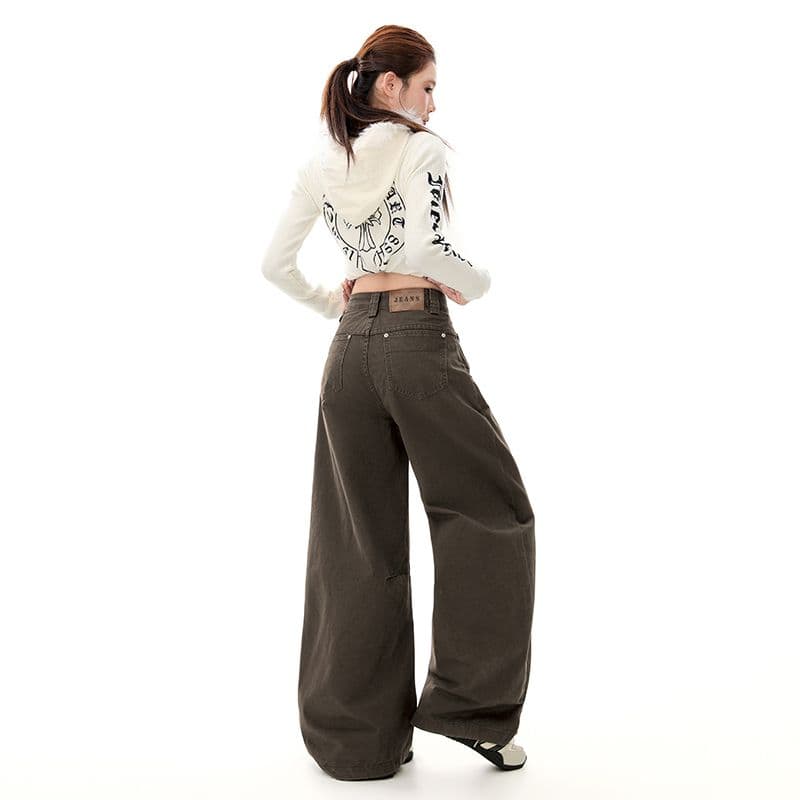 실사 레트로 작은 대중 루즈핏 넓은 다리 모통이 칼 워크웨어 팬츠 여성 레저 바닥 청소 긴 바지 여성 새로운 코코아 색상 이미지 4