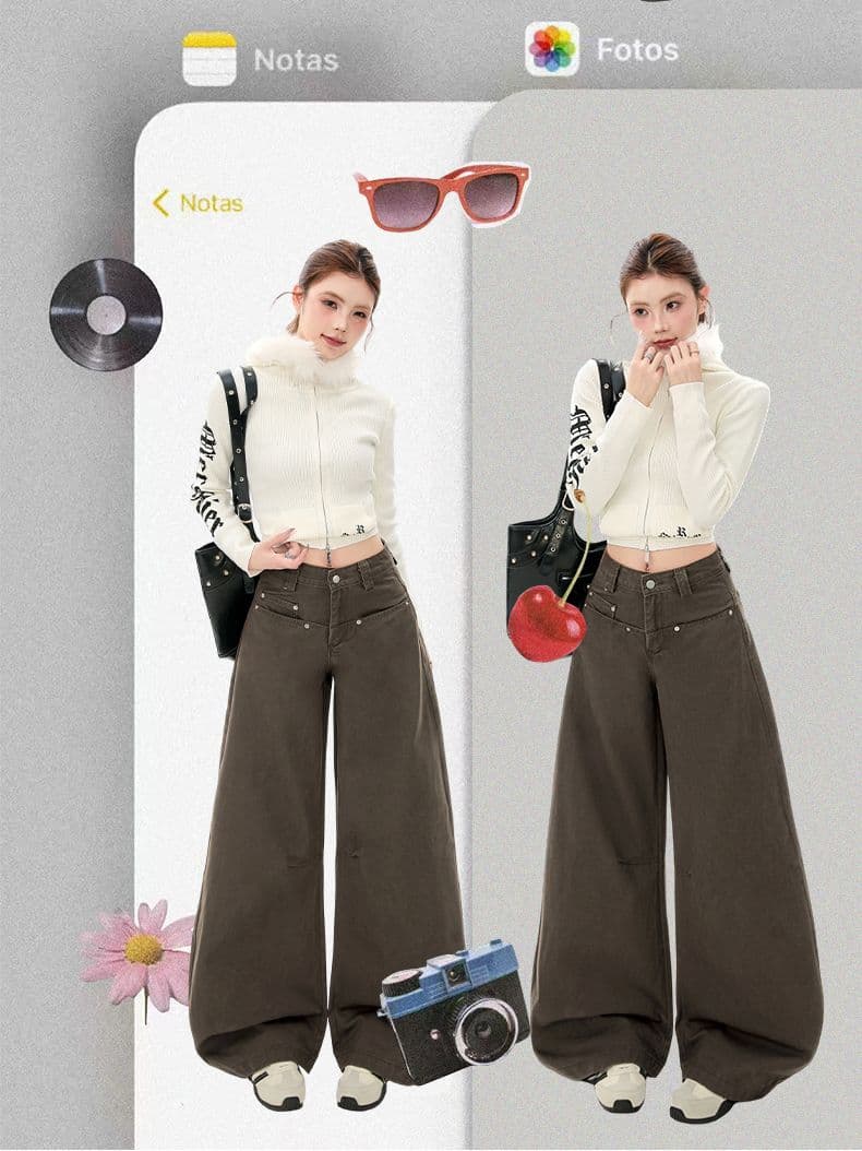 실사 레트로 작은 대중 루즈핏 넓은 다리 모통이 칼 워크웨어 팬츠 여성 레저 바닥 청소 긴 바지 여성 새로운 코코아 색상 상세 이미지 7