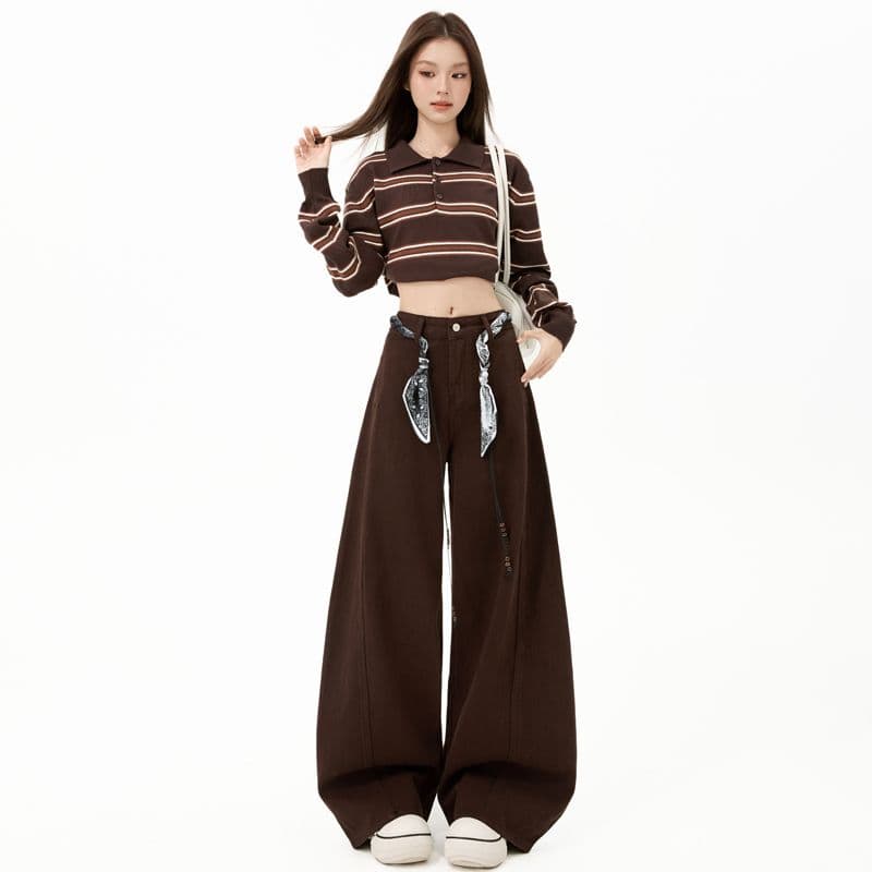 실사 경기 스카프 벨트 아메리칸 레트로 커피 색상 넓은 다리 청바지 여성 슬림해 보이는 다용도 스트레이트 바닥 청소 바지 이미지 2