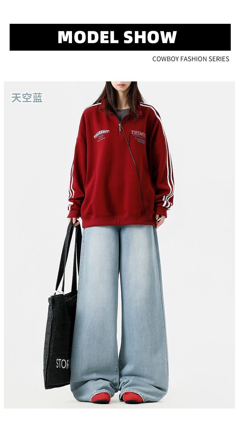 실사 가을 루즈핏 넓은 다리 순면 파란색 청바지 도루 피하다. 통기성 편안함 자수 표지 가방 다용도 캐주얼 상세 이미지 10