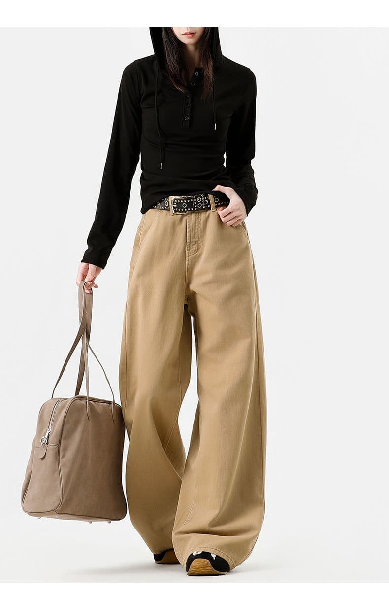 실사 가을 루즈핏 넓은 다리 순면 파란색 청바지 도루 피하다. 통기성 편안함 자수 표지 가방 다용도 캐주얼 상세 이미지 19