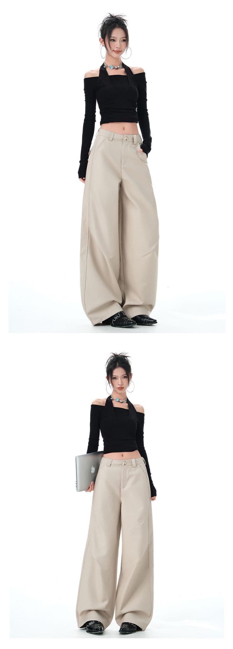 실사 캐주얼 정장 루즈핏 모통이 칼 바지 2026 봄 가을 패션 다용도 넓은 다리 바닥 청소 바지 상세 이미지 19