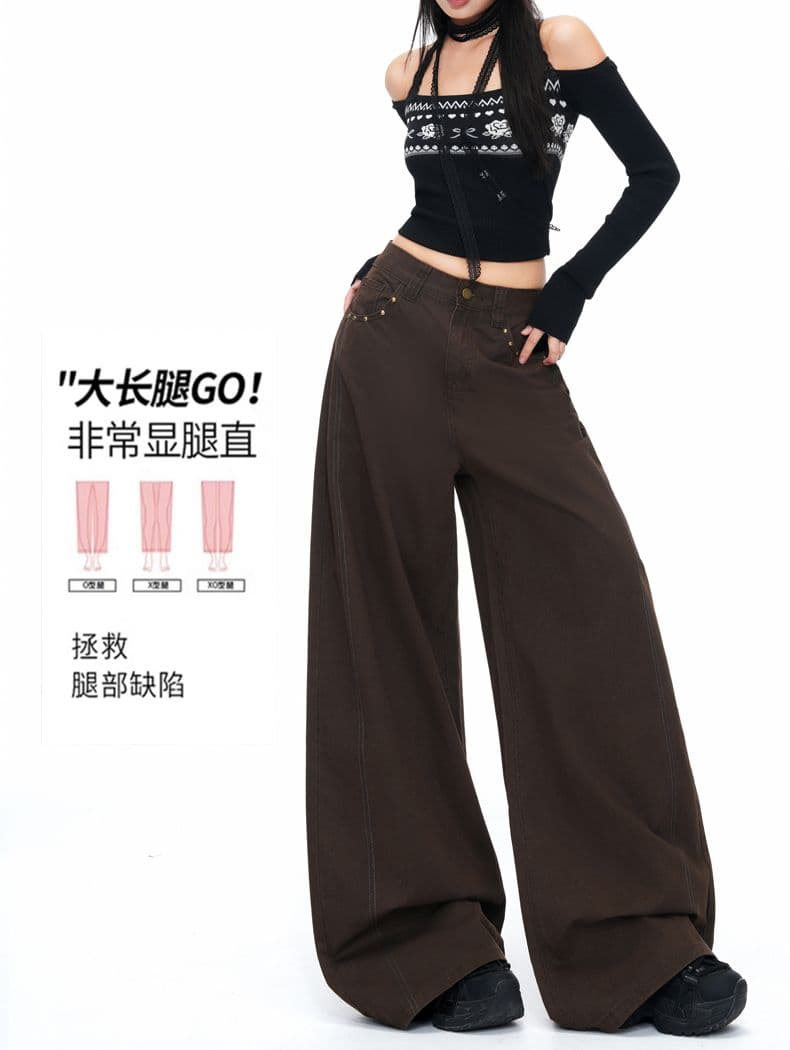 실사 이른 가을 새로운 도파민 레트로 브라운 청바지 여성 오각형 별 징 주머니 디자인 와이드 레그 팬츠 상세 이미지 6