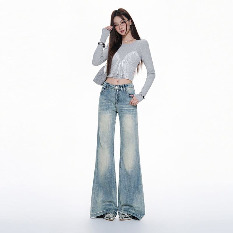 실사 아메리칸 레트로 로우 웨이스트 핫걸 나팔 바지 도루 센스 슬림해 보이는 몸매 가꾸기 다용도 이른 가을 청바지 이미지 3