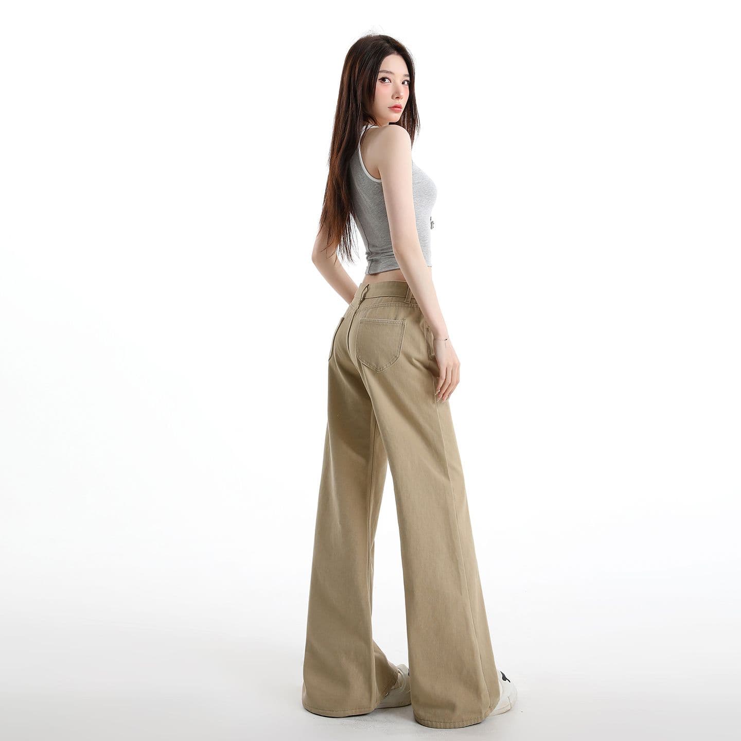 실사 화이트 카키 색 부츠컷 아니요 막대기 다리 청바지 여성 아메리칸 레트로 로우 웨이스트 좁은 에디션 슬림해 보이는 긴 바지 이미지 2
