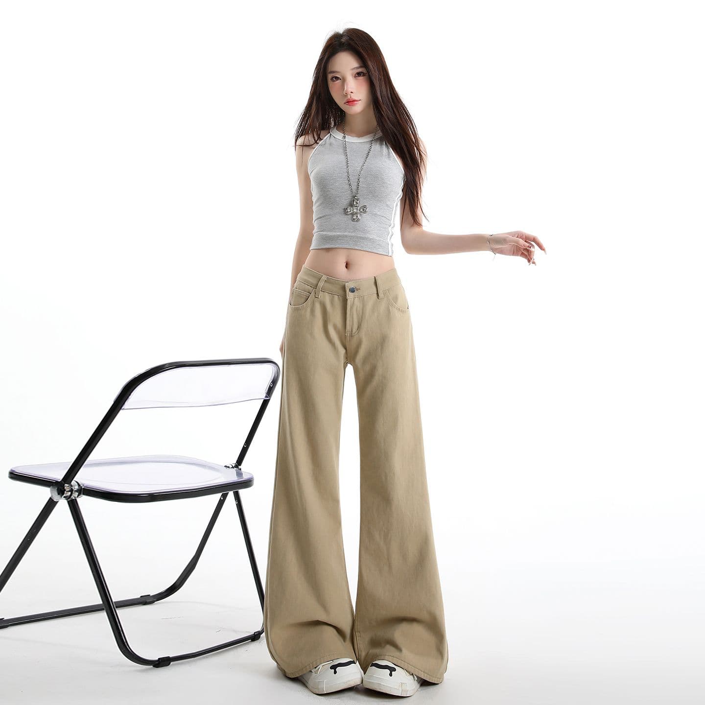 실사 화이트 카키 색 부츠컷 아니요 막대기 다리 청바지 여성 아메리칸 레트로 로우 웨이스트 좁은 에디션 슬림해 보이는 긴 바지 이미지 5