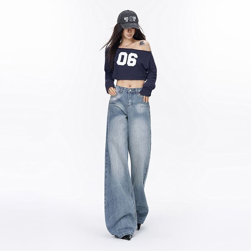 실사 봄 가을 아메리칸 레트로 워싱 블루 루즈핏 스트레이트 청바지 여성 자수 도루 센스 와이드 레그 팬츠 어린이