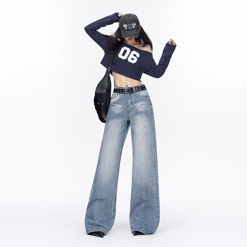 실사 봄 가을 아메리칸 레트로 워싱 블루 루즈핏 스트레이트 청바지 여성 자수 도루 센스 와이드 레그 팬츠 어린이 이미지 5