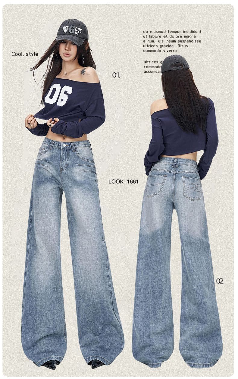 실사 봄 가을 아메리칸 레트로 워싱 블루 루즈핏 스트레이트 청바지 여성 자수 도루 센스 와이드 레그 팬츠 어린이 상세 이미지 2