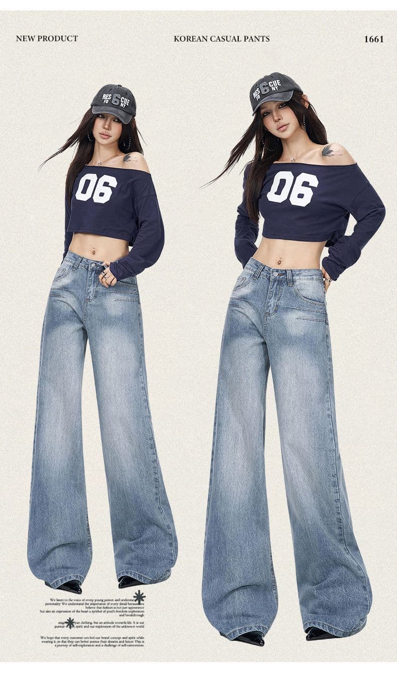 실사 봄 가을 아메리칸 레트로 워싱 블루 루즈핏 스트레이트 청바지 여성 자수 도루 센스 와이드 레그 팬츠 어린이 상세 이미지 3