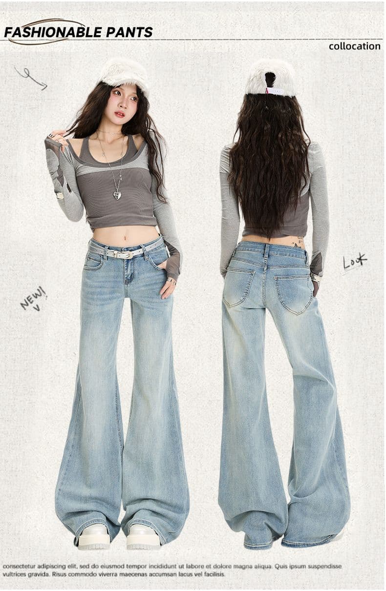 실사 하늘색 아메리칸 레트로 핫걸 나팔 바지 다용도 슬림해 보이는 도루 센스 바닥 청소 청바지 여성 상세 이미지 1